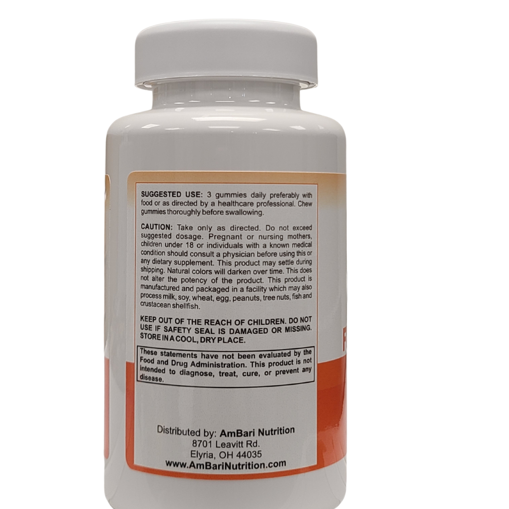 Fiber Gummies supplement bottle showing the back label with directions, warnings, ingredients, manufacturer information, and storage instructions on a white bottle. Fiber Gummies - 5G Dietary Fiber Supplement, 60 Gummies per Bottle (20 servings)