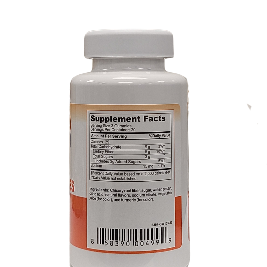 Supplement Facts label for AmBari Nutrition Fiber Gummies showing serving size, dietary fiber content, ingredients, nutrition information, and barcode on supplement bottle. Fiber Gummies - 5G Dietary Fiber Supplement, 60 Gummies per Bottle (20 servings)