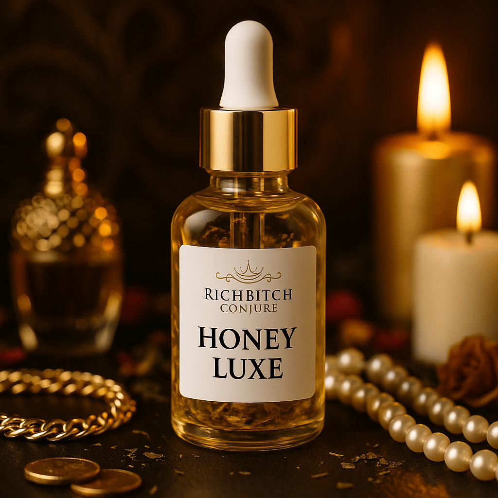 Bottle of 'Honey Luxe' with 'Richbitch Conjure' label on a dark background with candles and jewelry.