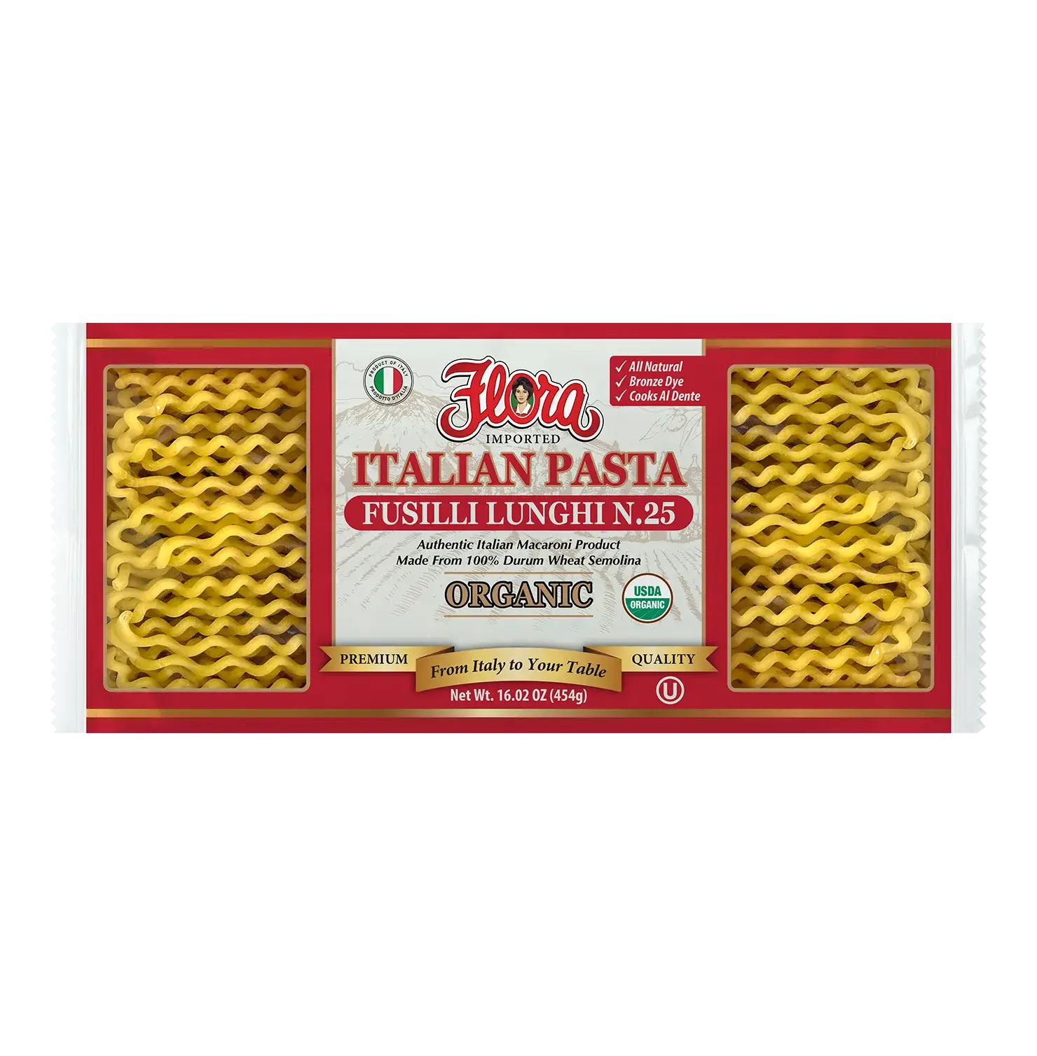 Organic Flora Imported Italian Fusilli Lunghi No. 25 pasta, 16.02 oz package on a white background.