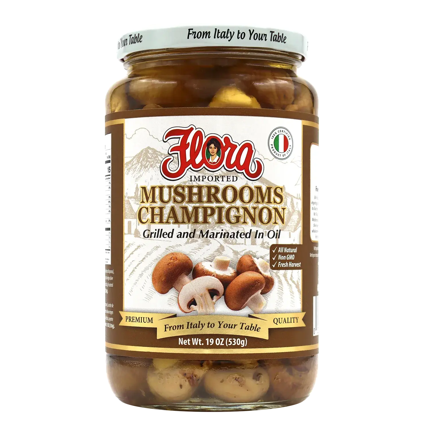 Jar of Flora Imported Mushrooms Champignon, grilled and marinated in oil, 19 oz glass jar on a white background.