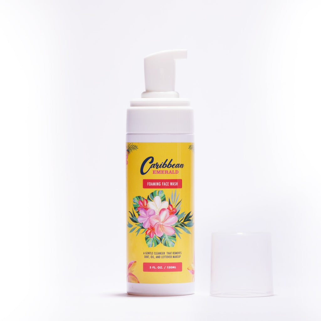 Caribbean Emerald Foaming Face Wash 5 fl oz 150ml gentle facial cleanser, daily skincare cleansing foam for removing dirt, excess oil and leftover makeup, tropical botanical beauty face wash in pump bottle