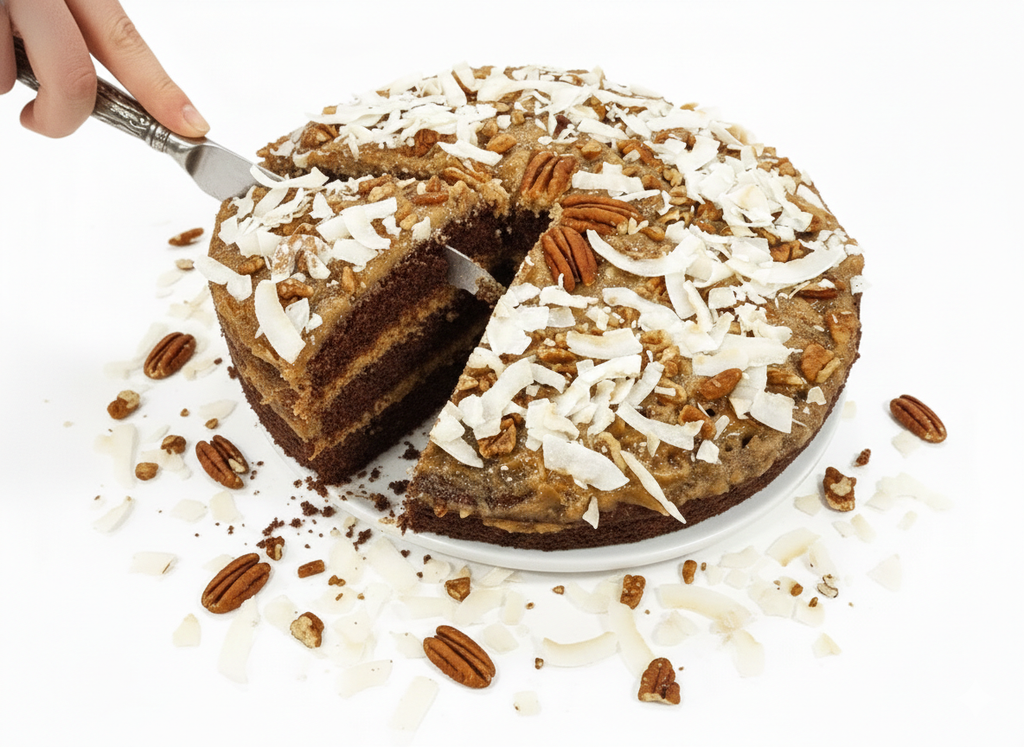 Layered cake with pecans and coconut on a white background