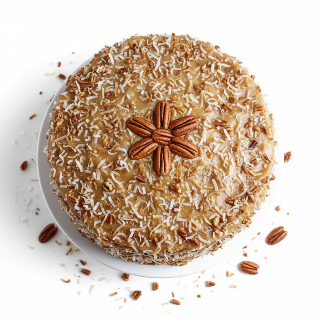 Coconut cake with pecans on a white background