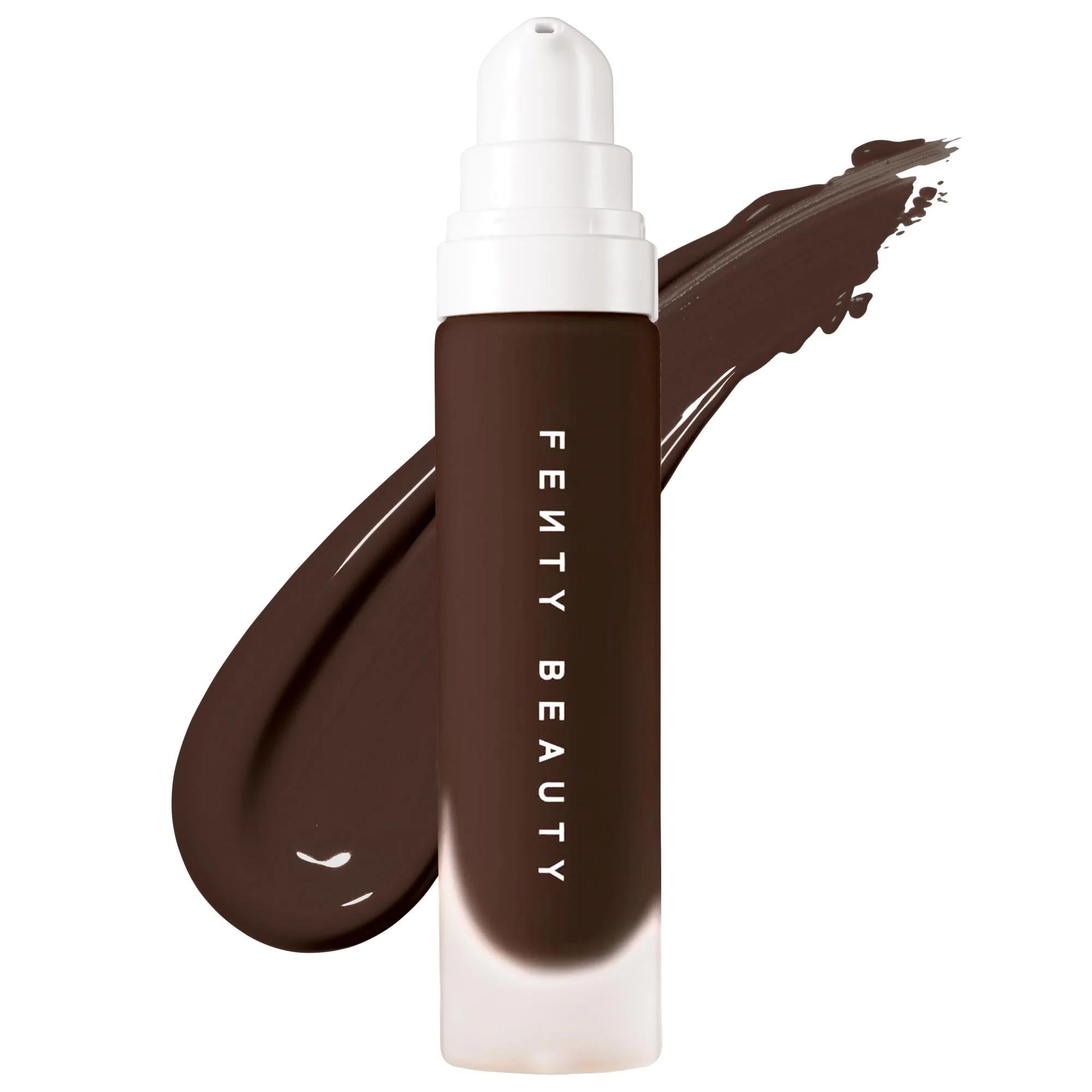 Fenty Beauty Pro Filt'r Soft Matte Longwear Liquid Foundation Shade 498 in a frosted bottle with a deep rich foundation swatch on a white background.