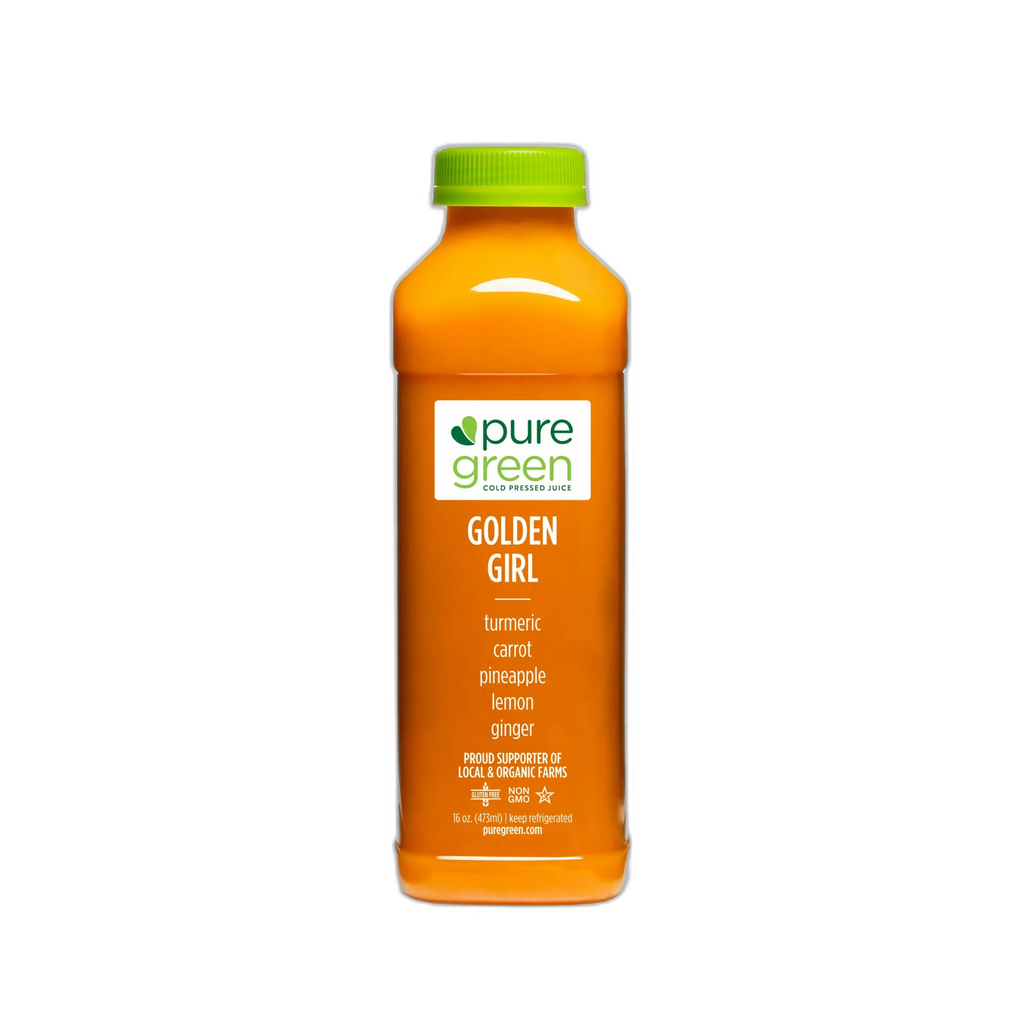 Pressed Juice bottle with green cap labeled 'pure green Golden Girl' on a white background. GOLDEN GIRL: Cold-Pressed NON-GMO Juice Drink with Pineapple, Carrot, Tumeric, Lemon, Ginger, No Added Sugar, Gluten-Free