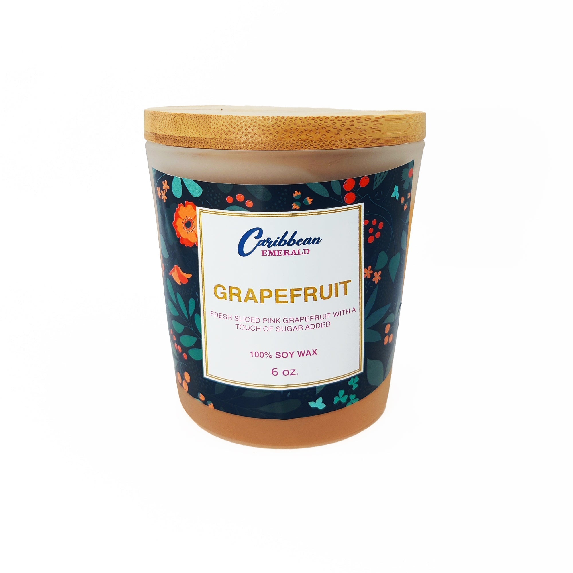 Caribbean Emerald Grapefruit 100% Soy Wax Candle with Bamboo Lid, Pink Grapefruit Scented Home Fragrance Candle, 6 oz Natural Soy Candle, Aromatherapy Home Accent and Decor Gift
