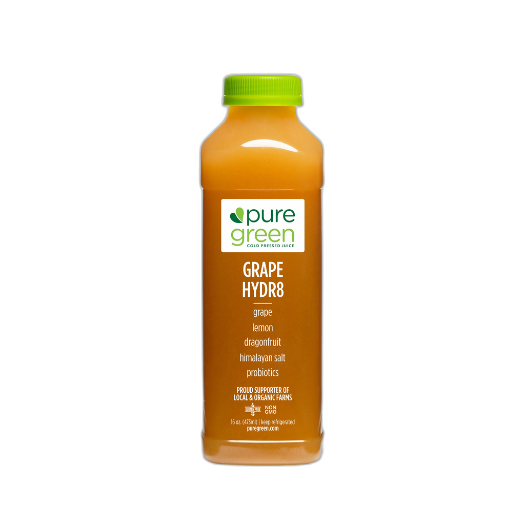 Bottle of pure green Grape Hydr8 juice on a white background. PURE GREEN GRAPE HYDR8 NON-GMO Antioxidant Cold-Pressed Grape Juice with Lemon, Dragonfruit, Himalayan Salt & Probiotics