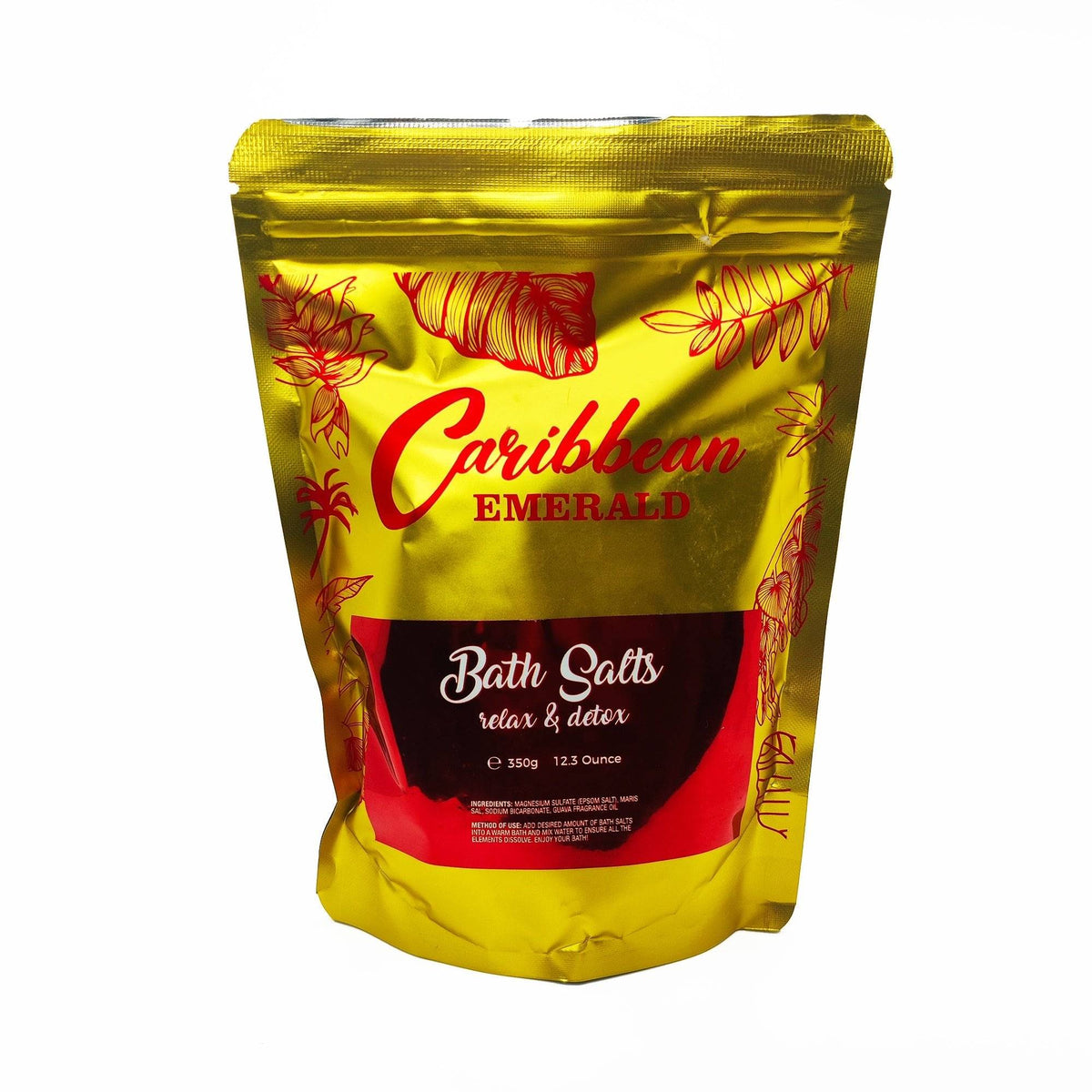 Caribbean Emerald Guava Bath Salts in a gold resealable pouch, tropical scented relaxing detox bath soak from Sint Maarten, 350g self-care spa bath salts.