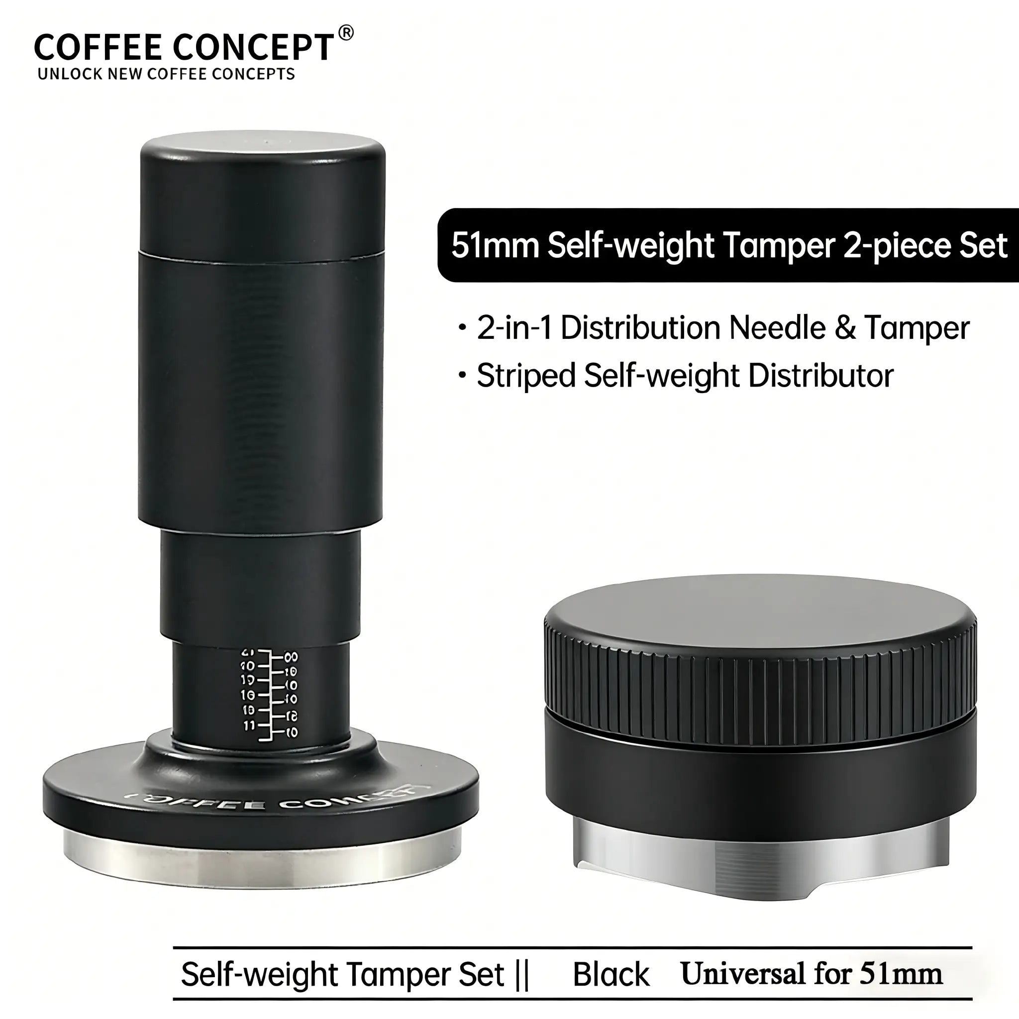 Coffee Concept 51mm self-weight espresso tamper and distributor 2-piece set in black stainless steel with distribution needle, striped leveler and adjustable depth for barista coffee preparation.