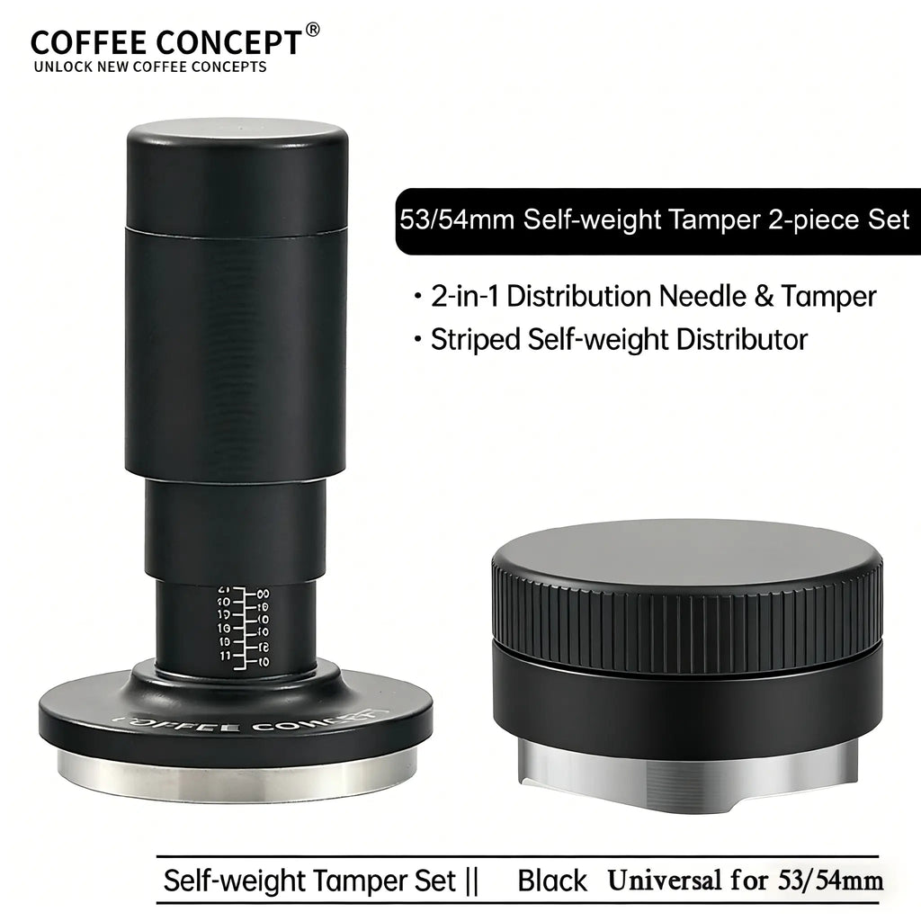 Coffee Concept 53/54mm self-weight espresso tamper and distributor 2-piece set with distribution needle, striped coffee leveler and stainless steel base in black