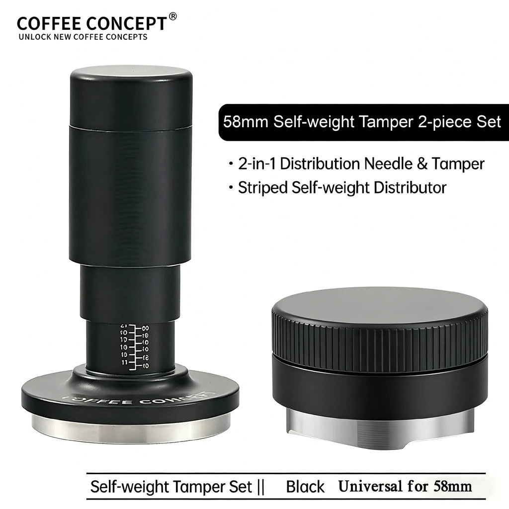 Coffee Concept 58mm self-weight espresso tamper and distributor 2-piece set with distribution needle, striped coffee leveler and stainless steel base