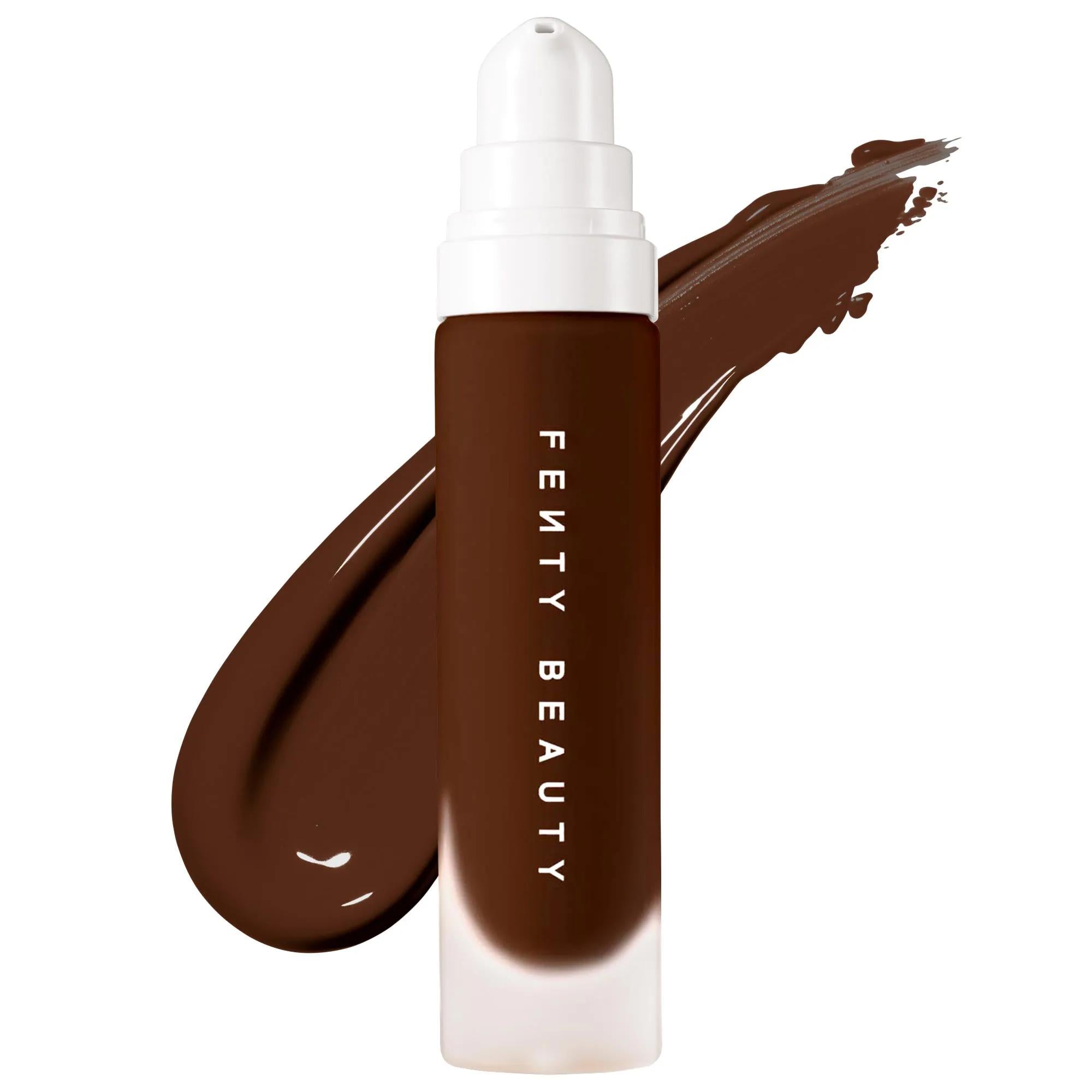 Fenty Beauty Pro Filt'r Soft Matte Longwear Liquid Foundation Shade 495 in deep rich brown shade with a white pump bottle and matching foundation swatch on a white background.