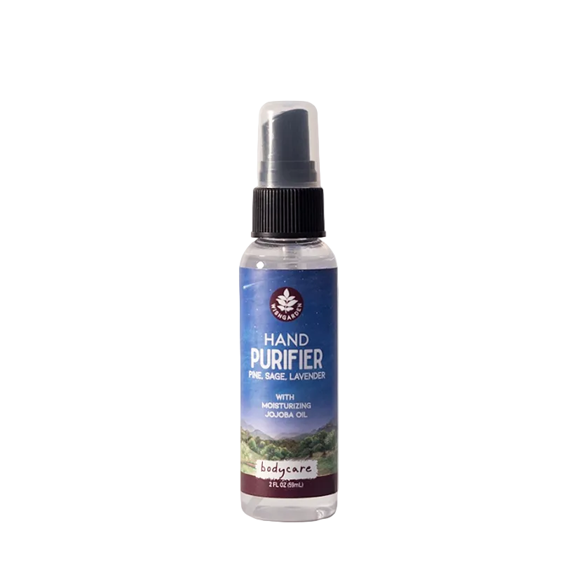 Hand purifier spray bottle with a blue label on a white background
