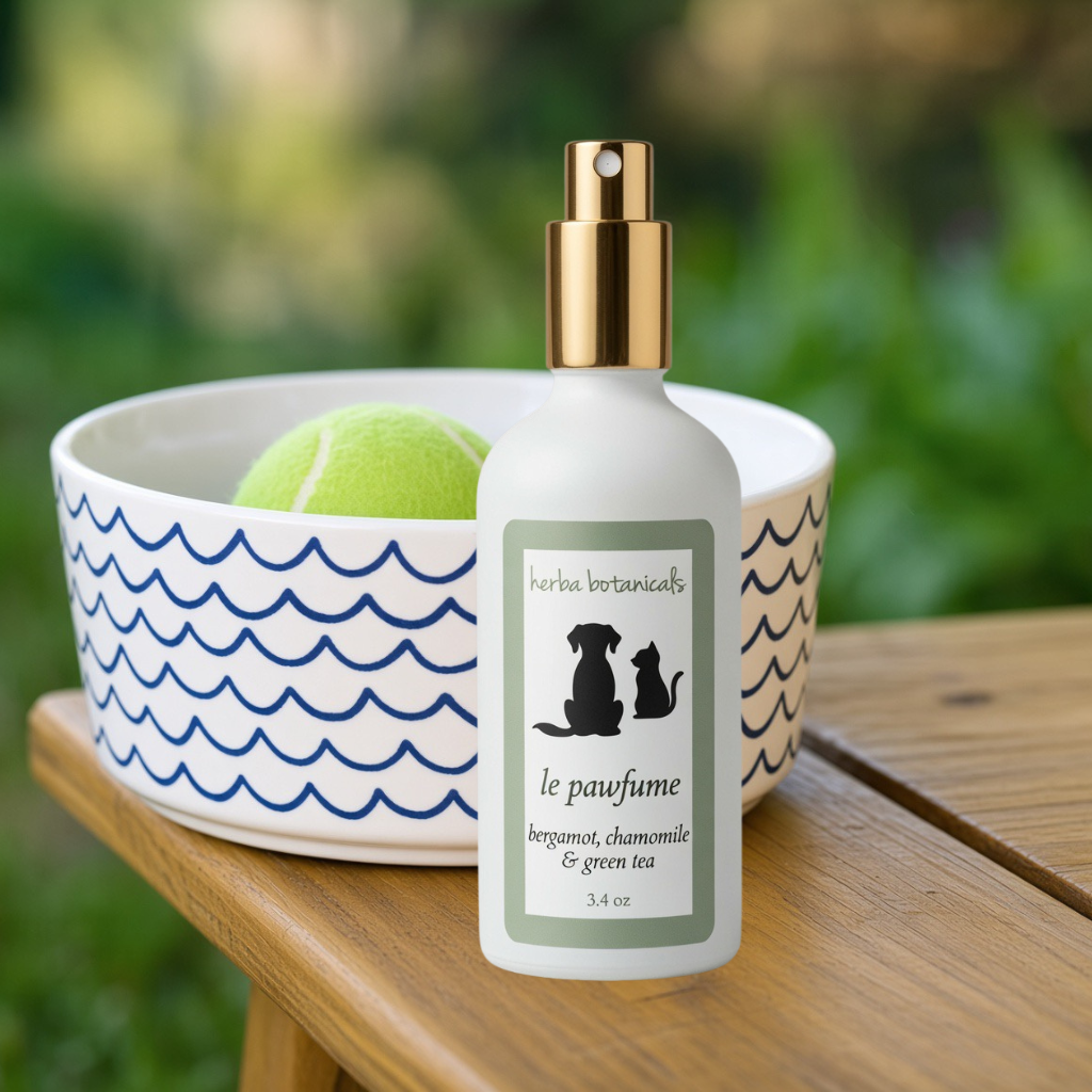 A white spray bottle with a gold pump and a green-and-white label reading 'herbe botaniques le pawfume' sits on a wooden table in front of a white bowl with blue wave patterns and a tennis ball, with a blurred green outdoor background. Gentle Natural Pet Spray: Bergamot, Chamomile, Green Tea