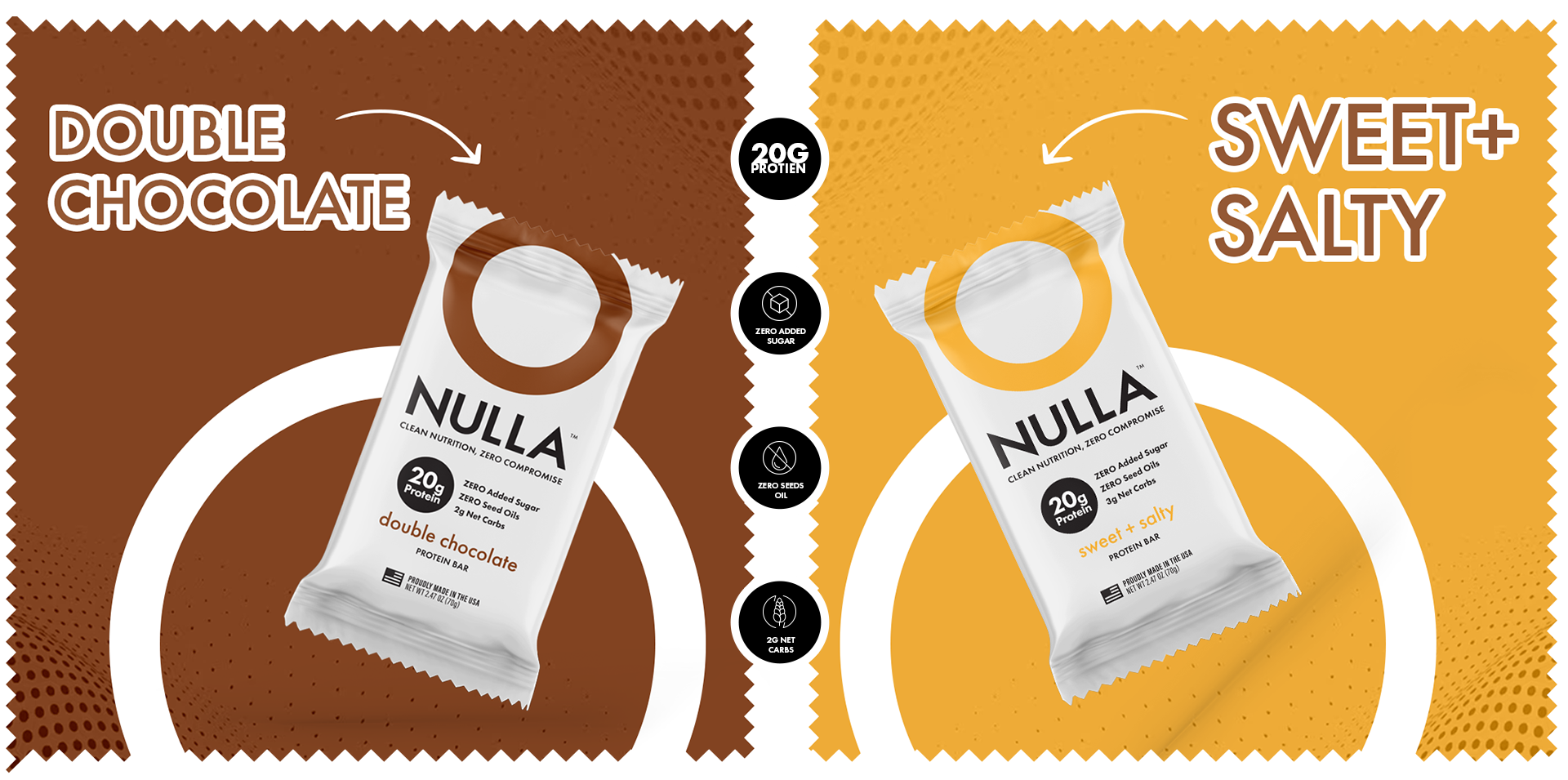 Two packages of NULLA snacks, one double chocolate and one sweet and salty, on brown and orange backgrounds.