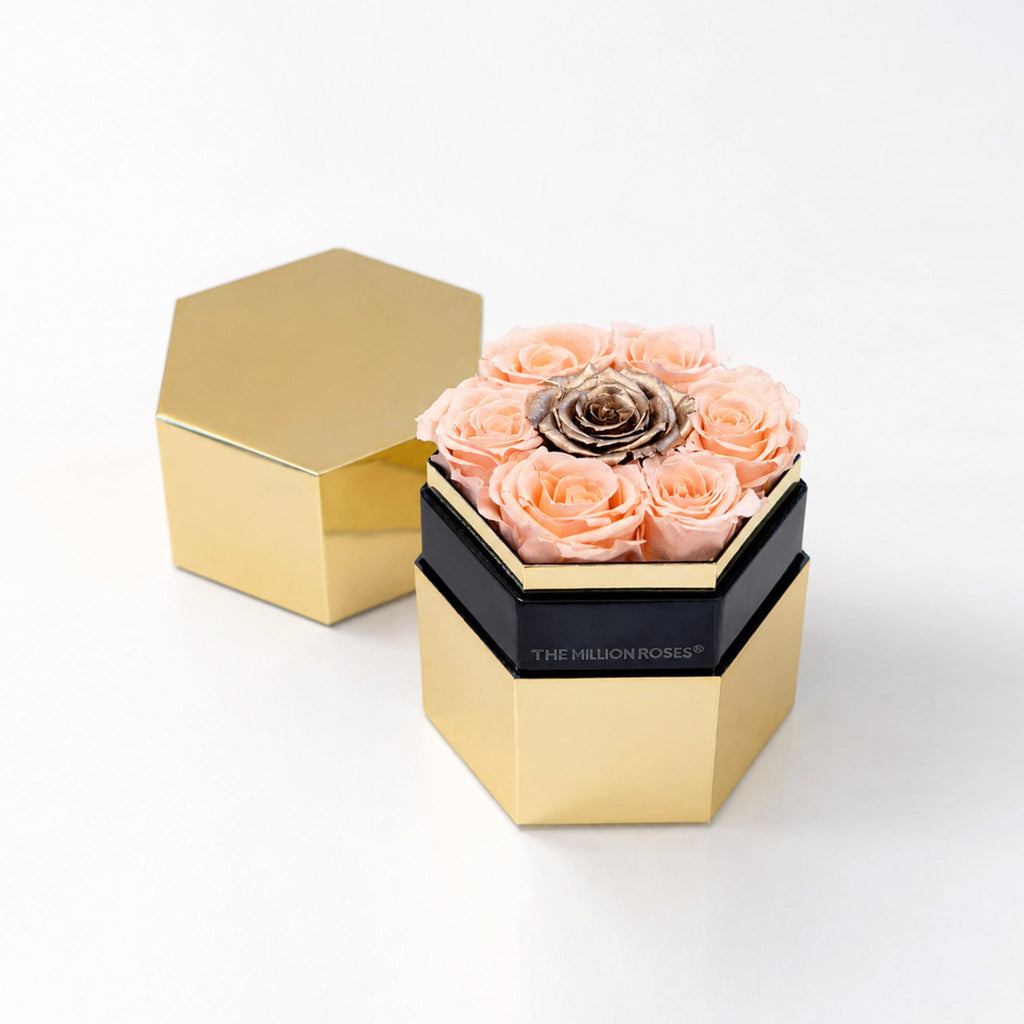 One in a Million™ Mirror Gold Hexagon Box | Peach & Gold Roses