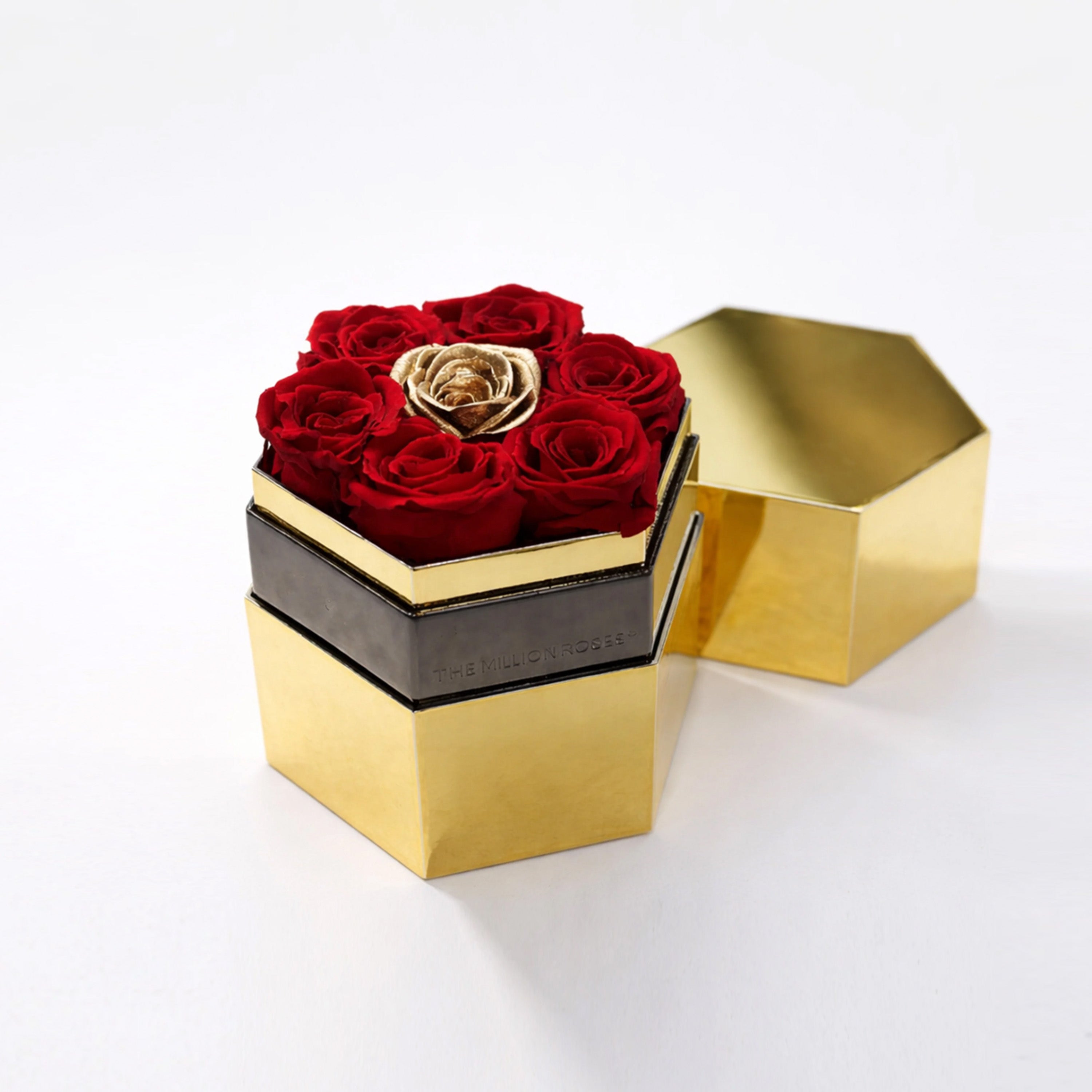 One in a Million™ Mirror Gold Hexagon Box | Red & Gold Roses