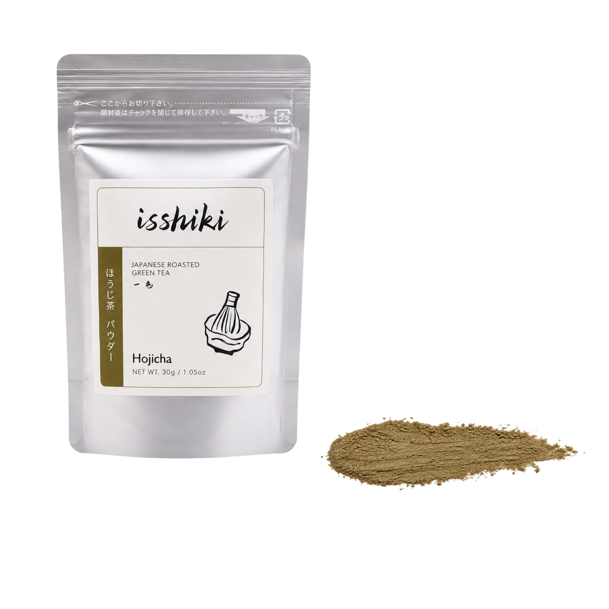 A silver stand-up pouch of isshiki Japanese Roasted Green Tea (Hojicha) shown next to a small pile of the brown tea powder on a white background.
