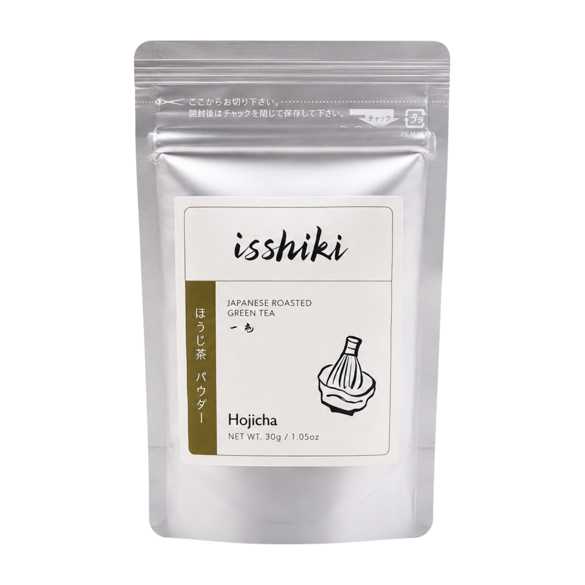 Silver package of isshiki Japanese roasted green tea Hojicha on a white background