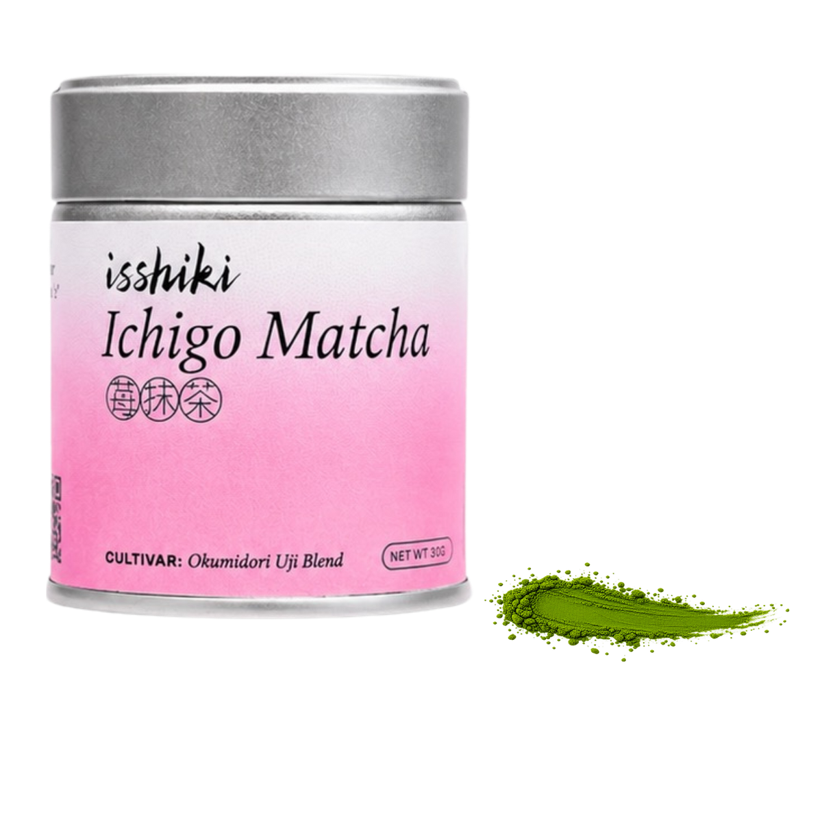 A silver metal tin of Isshiki Ichigo Matcha with a pink gradient label, shown on a white background with a small green powder smear to the right.