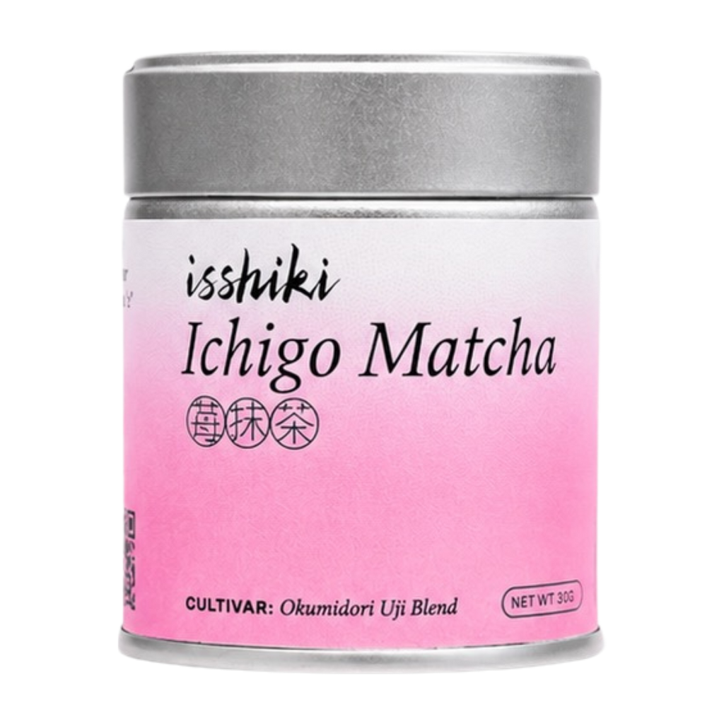 Canister of isshiki Ichigo Matcha with pink label and silver lid on white background