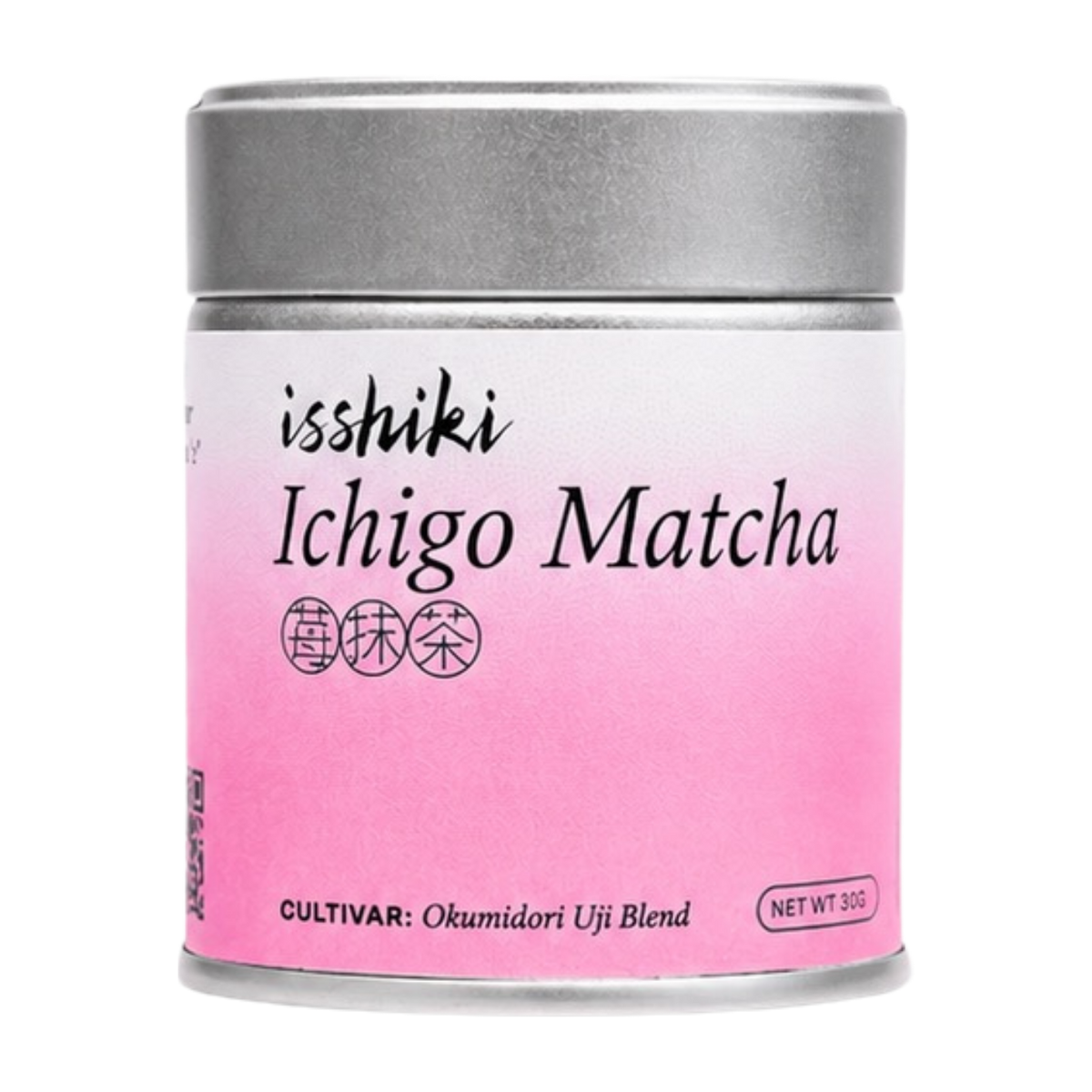 Canister of isshiki Ichigo Matcha with pink label and silver lid on white background