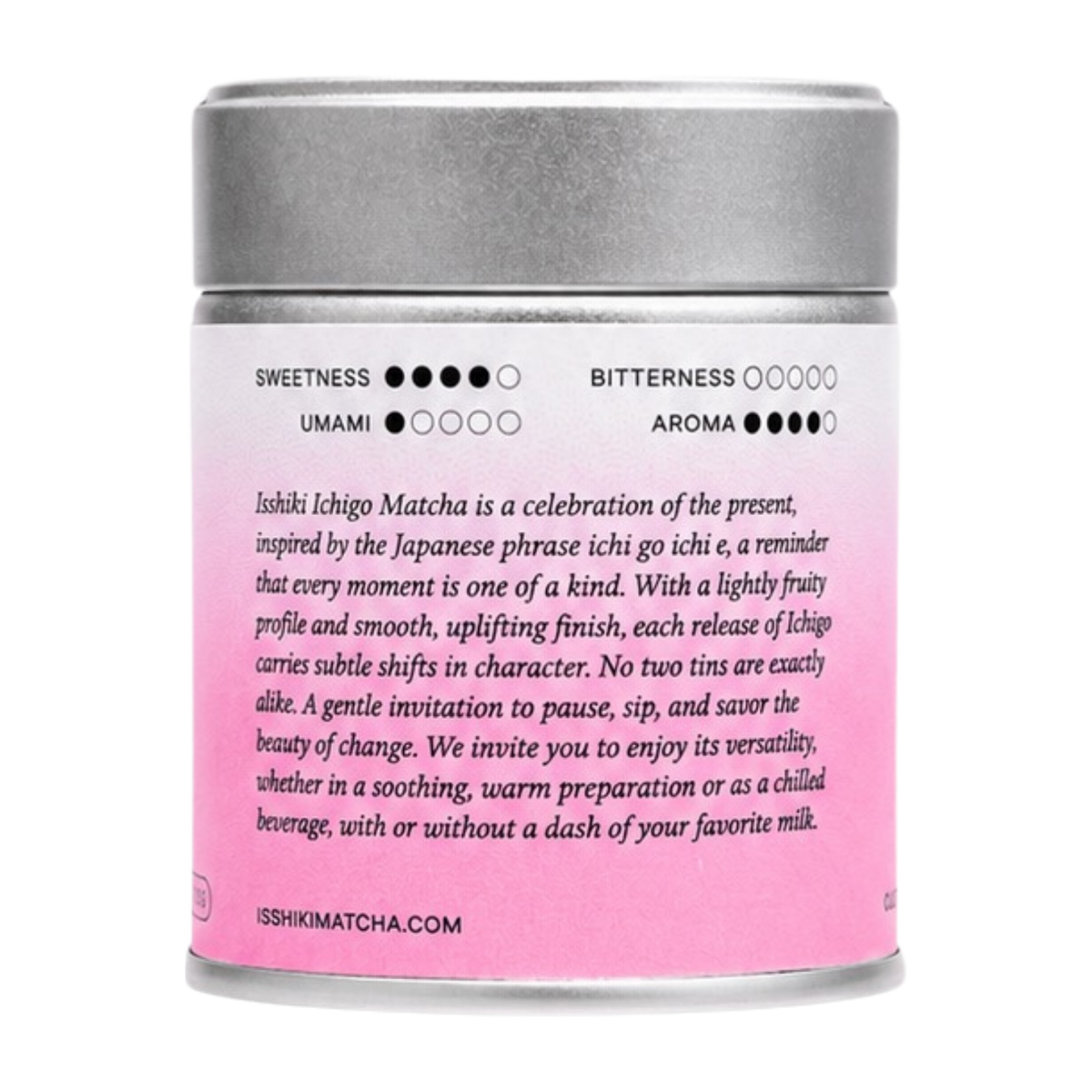 Silver and pink canister with text on a white background