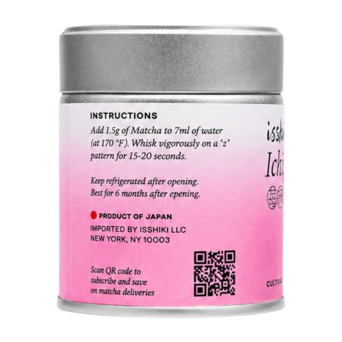 Pink canister with silver lid containing matcha powder, featuring instructions and branding.
