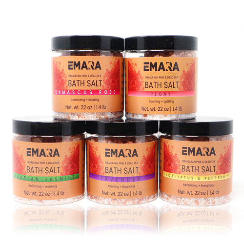 Five jars of EMARA Himalayan Pink and Dead Sea bath salts in Damascus Rose, Peony, Arabian Jasmine, Lavender, and Eucalyptus & Peppermint scents, enriched with Rosehip Oil and Vitamin E Oil.