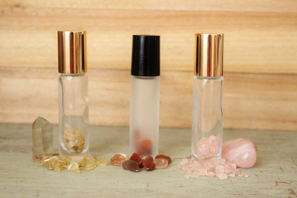 Gemstone roller bottle /Clear /Frosted /Gold lid /Rose Quartz /Green Aventurine /Garnet /Malachite /Citrine /Lapis Lazuli / Crystal roll on