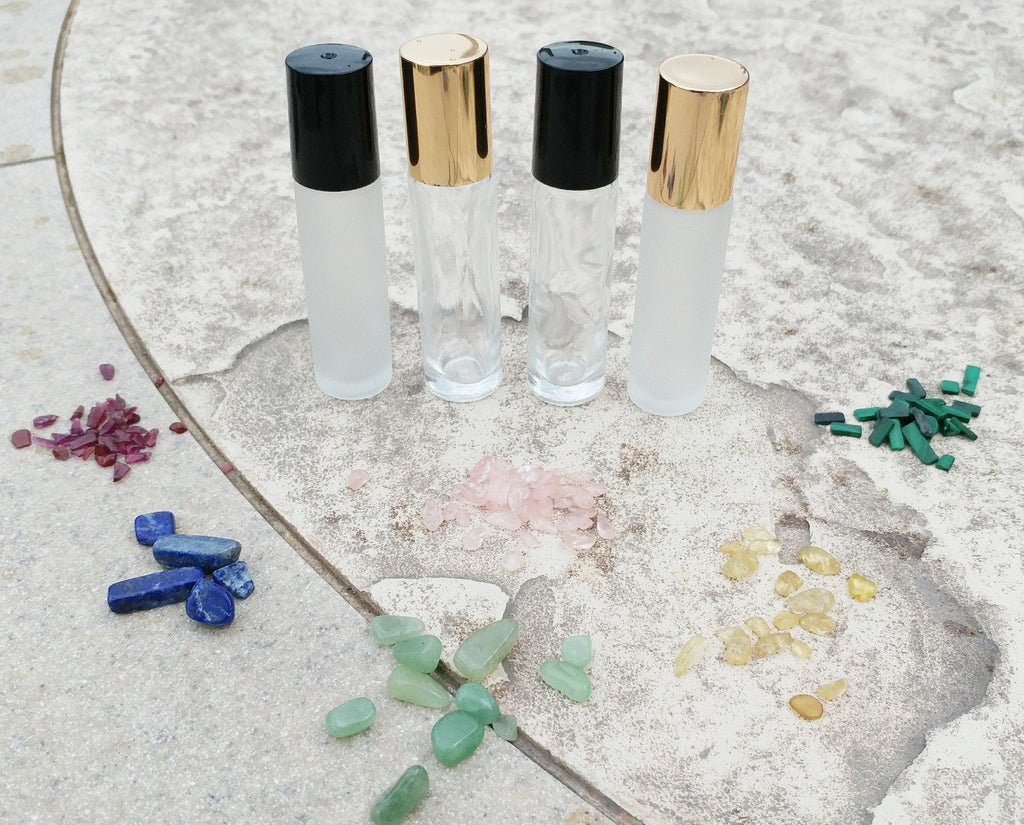 Gemstone roller bottle /Clear /Frosted /Gold lid /Rose Quartz /Green Aventurine /Garnet /Malachite /Citrine /Lapis Lazuli / Crystal roll on