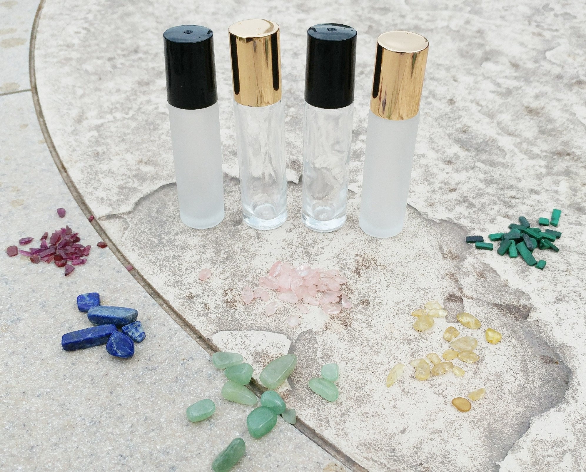 Gemstone roller bottle /Clear /Frosted /Gold lid /Rose Quartz /Green Aventurine /Garnet /Malachite /Citrine /Lapis Lazuli / Crystal roll on