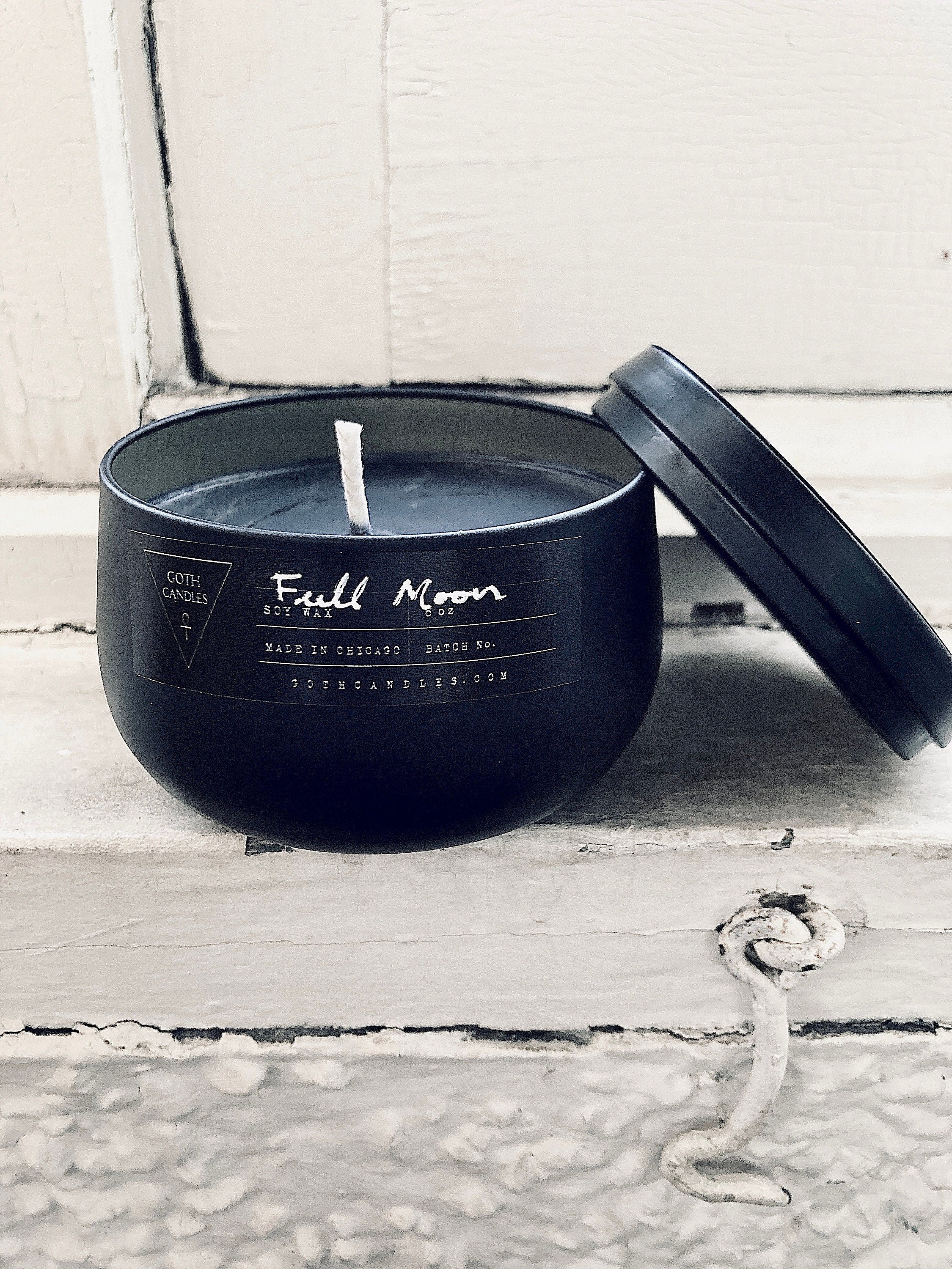 Dark Musk FULL MOON Black Soy Tin Candle Goth Candles 8oz