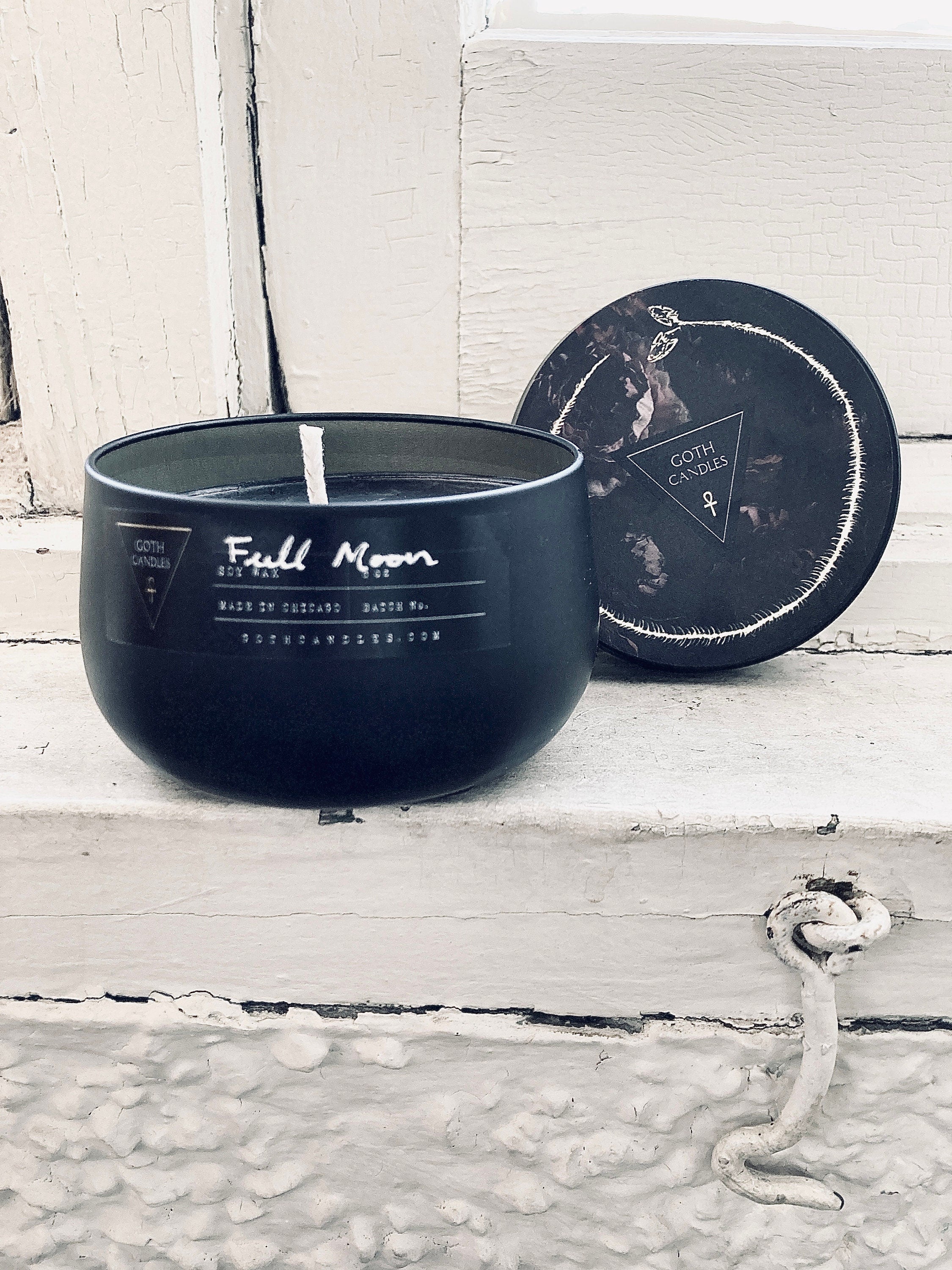Dark Musk FULL MOON Black Soy Tin Candle Goth Candles 8oz