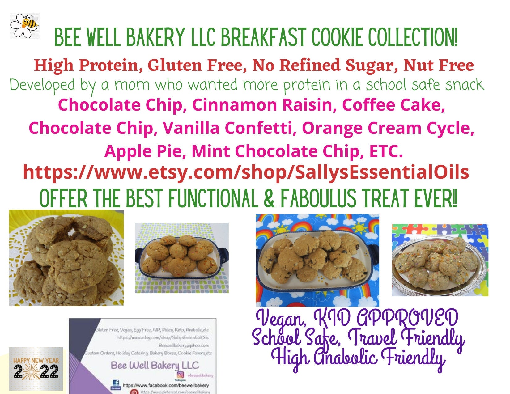 Protein Cookies, Gluten Free, Egg Free, Dairy Free, Anabolic, Vegan, Collagen, No refine Sugar, Low Calorie. Low Carb, Low Fat, High Fiber