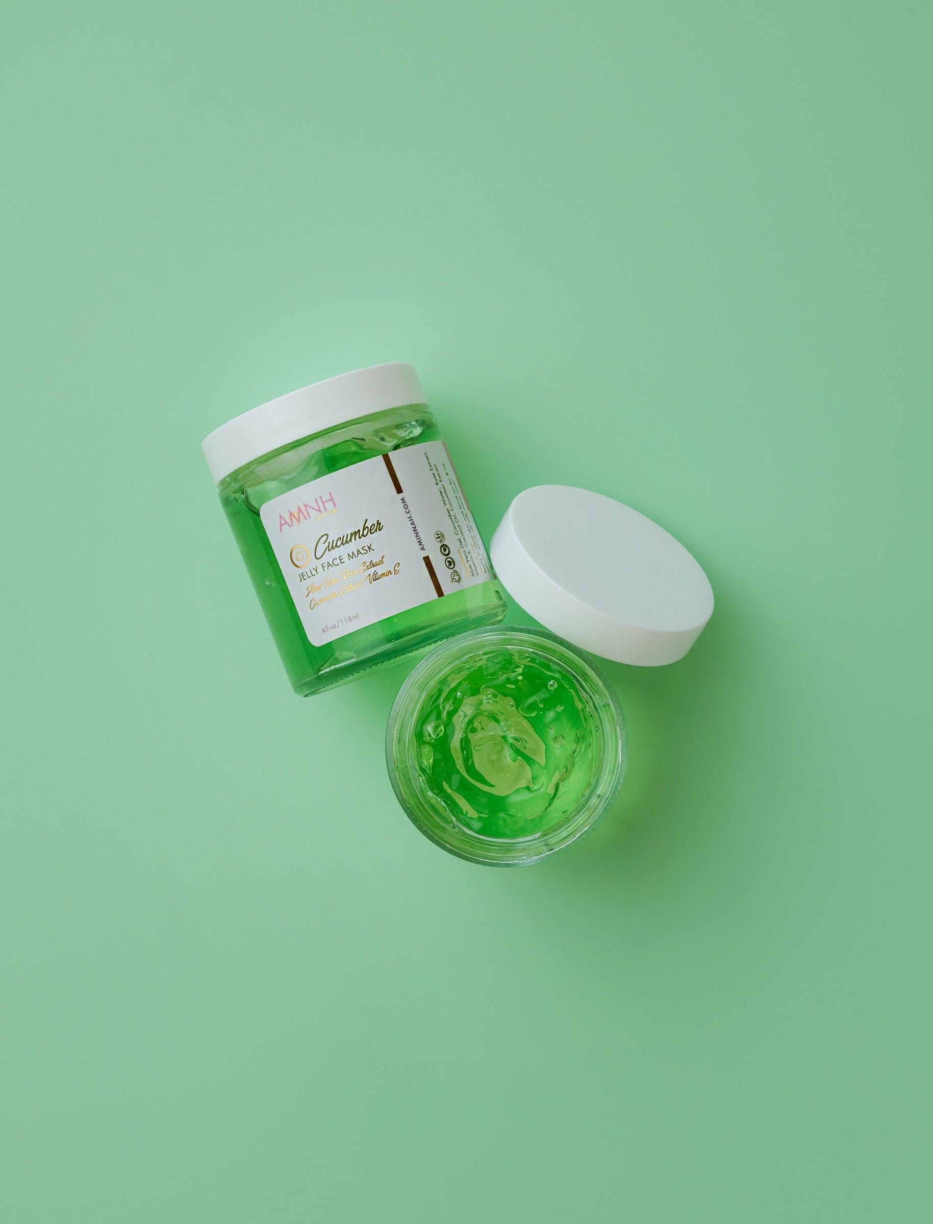 AMINNAH Cucumber Jelly Face Mask in recyclable packaging featuring a refreshing cucumber jelly texture, clean beauty skincare made with natural ingredients. Cruelty-free, vegan, paraben-free, gluten-free, female-owned brand offering a hydrating, soothing facial mask for radiant, healthy-looking skin.