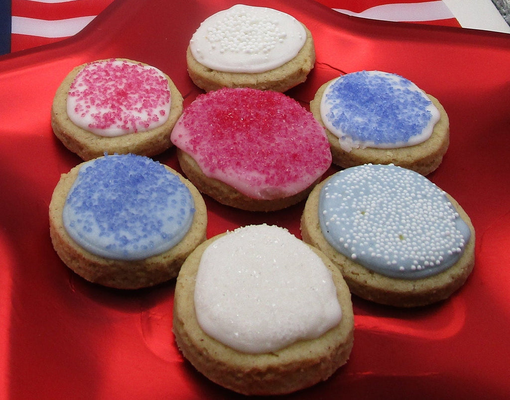 Gluten Free Iced Sugar Cookies, Button Size, Dairy Free, Vegan, Nut Free, Lemon, Smores, Birthday cake, Graduation Party, July 4th Dessert