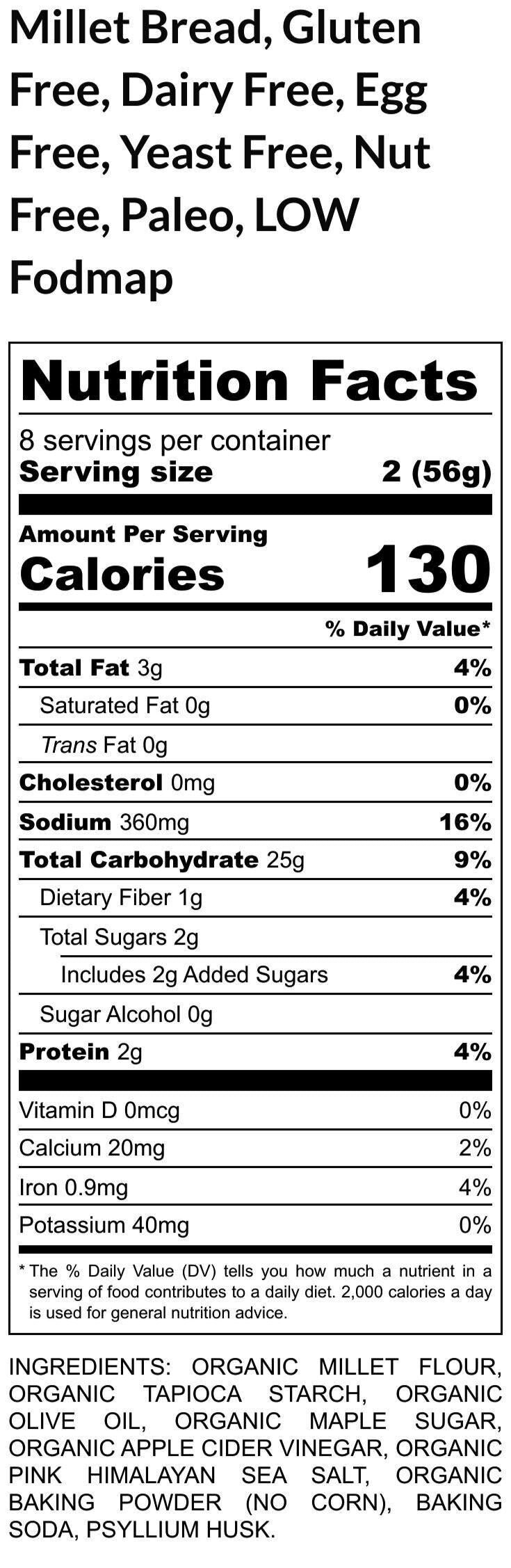 Gluten Free Bread, Millet Flour, Grain Free, Dairy Free, Paleo, Low FODMAP, Egg free, No Preservatives, Low Oxalate snacks, Low Histamine