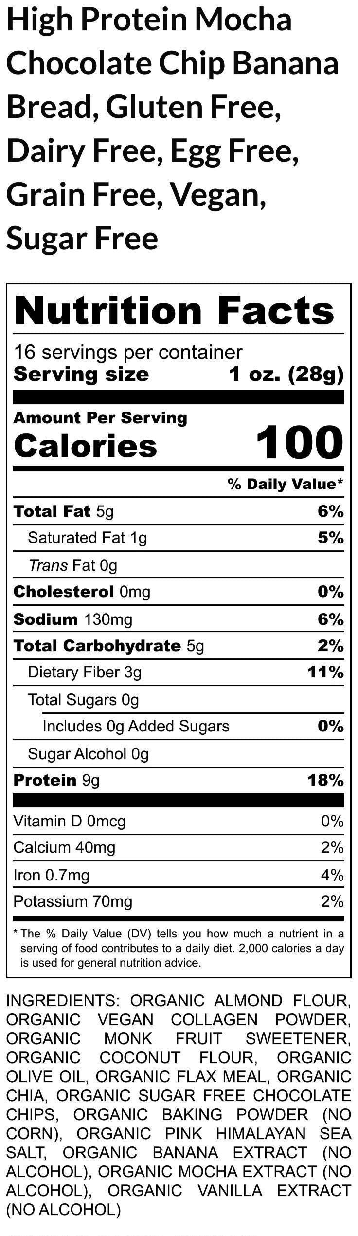 Protein Banana Bread-Mocha Chip, Gluten Free, Dairy Free, Peanut Free, Grain Free, Vegan Collagen, Sugar Free, Fitness Snack, Mother's Day