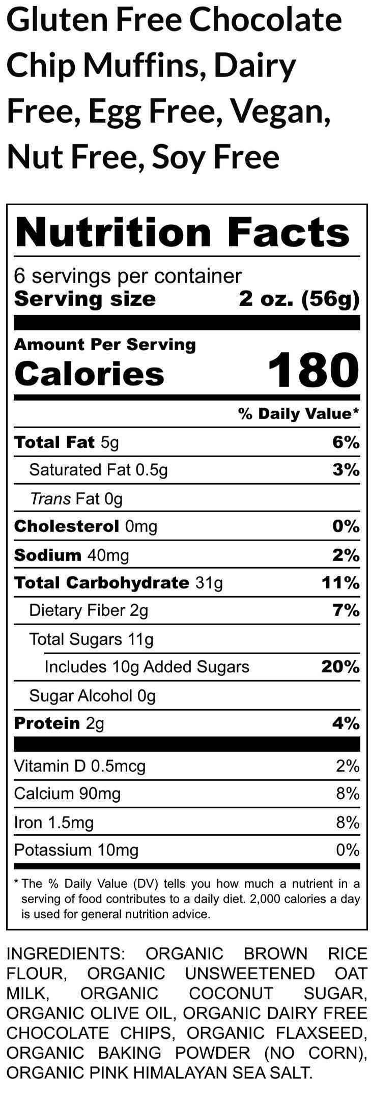 Gluten Free Muffin, Dairy Free, Egg Free, Vegan, Nut Free, Healthy Breakfast, Chocolate Chip treat, portable breakfast, Coconut Sugar snacks