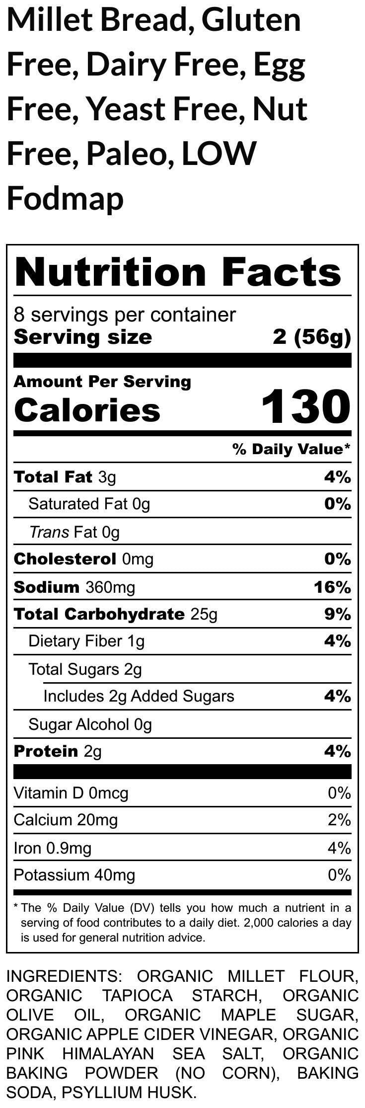 Gluten Free Bread, Millet, Dairy Free, Egg Free, Nut Free, Yeast Free, Low FODMAP, Preservative Free, Low Sugar, Vegan snack, Macro Friendly