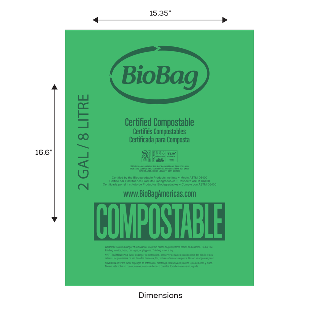 BioBag 2 Gallon Compostable Bags 15.35x16.6in (QTY 600), SKU 02G1517