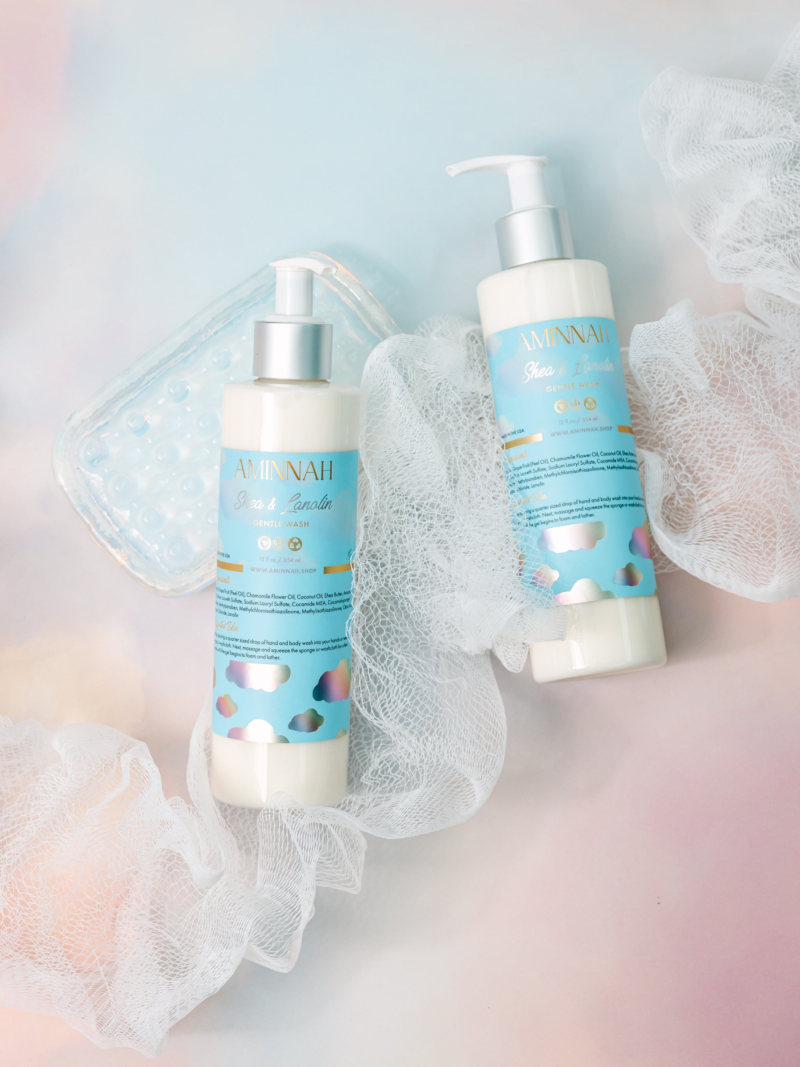 Two bottles of shampoo with blue labels and white caps on a soft, blurred background. Eczema (Shea & Lanolin) Gentle Cleanser. Clean Beauty Commitment, Clean beauty inspired
Made with skin-loving ingredients, Cruelty-free, Female-owned brand