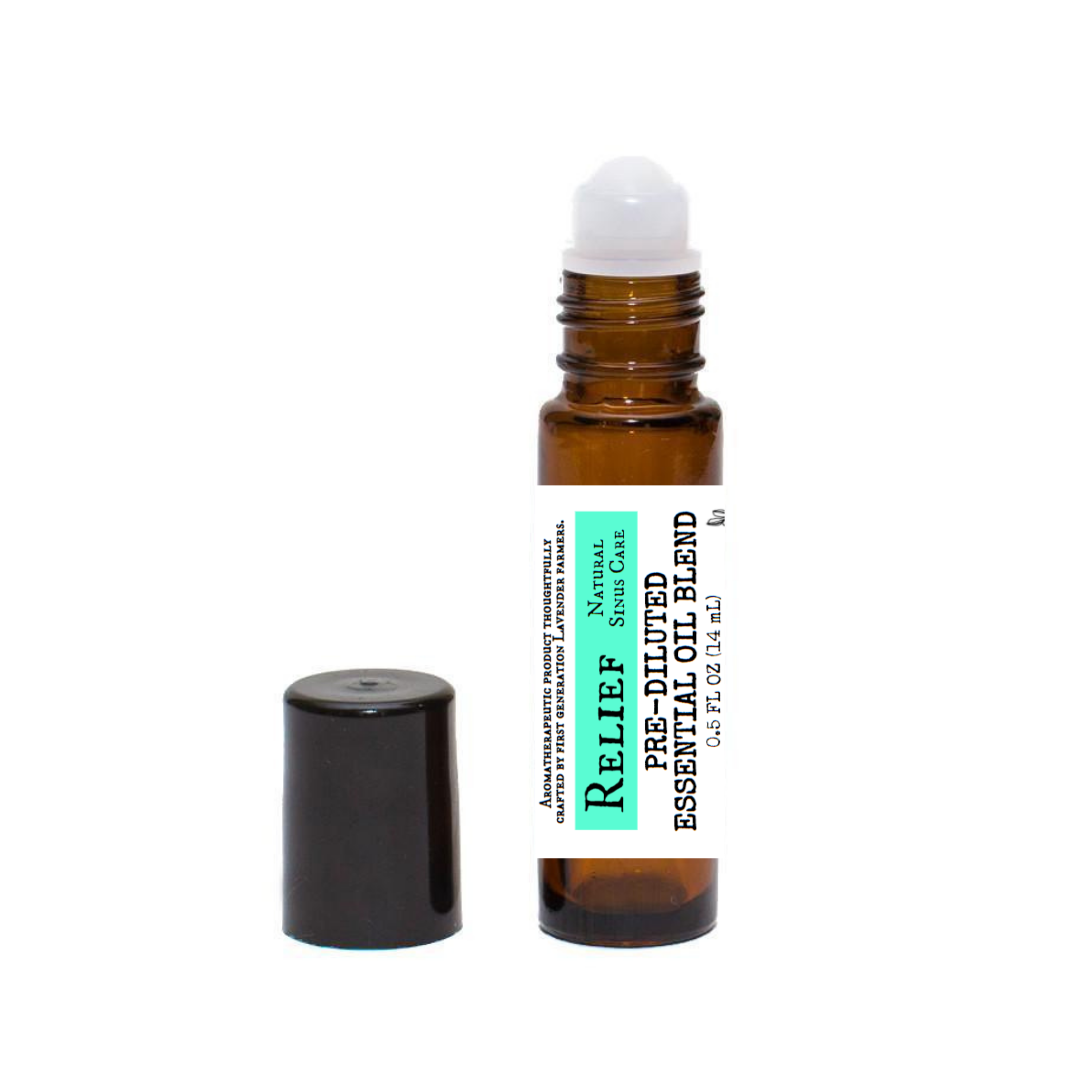 Pre-diluted RELIEF Lavender Essential Oil Blend roll-on bottle with amber glass, white roller applicator, and black cap displayed on a white background.