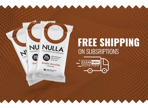 NULLA protein bars with free shipping promotion on a brown background