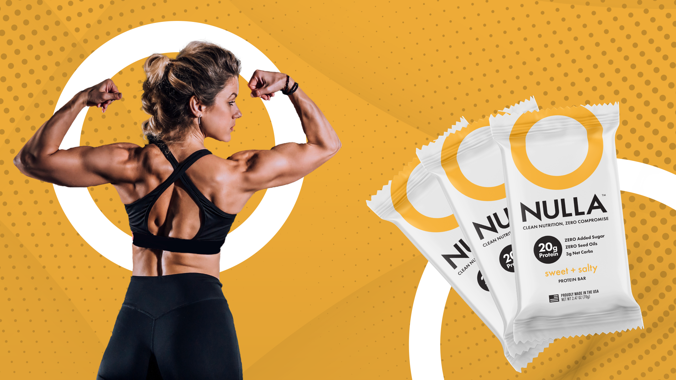 Woman flexing muscles with NULLA supplement packages on a yellow background