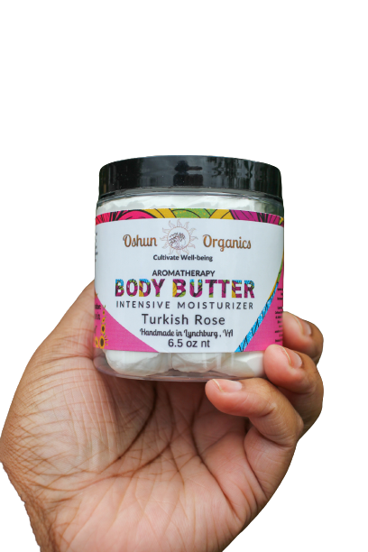 Oshun Organics Turkish Rose Intense Moisturizing Body Butter Glaze, plant-based whipped body moisturizer for soft hydrated skin, 6.5 oz jar held in hand