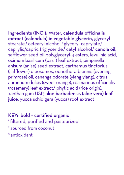List of ingredients with certification details on a white background California Baby® I Love You™ Everyday Lotion | Gentle Natural Moisturizer for Babies, Kids & Sensitive Skin | Tree of Life Grocers