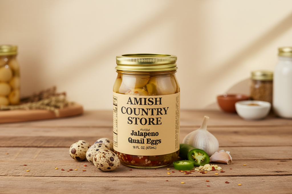 Pickled Jalapeño Quail Eggs (16 oz) | Amish Country Store